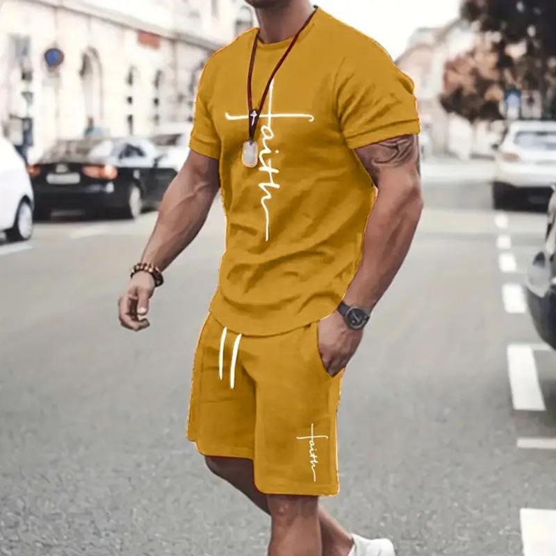 Gradient Men's Suit Casual New Short Sleeve With Shorts 3d Letter Faith Printed T-Shirt And Drawstring  Shorts 2-Piece Sets