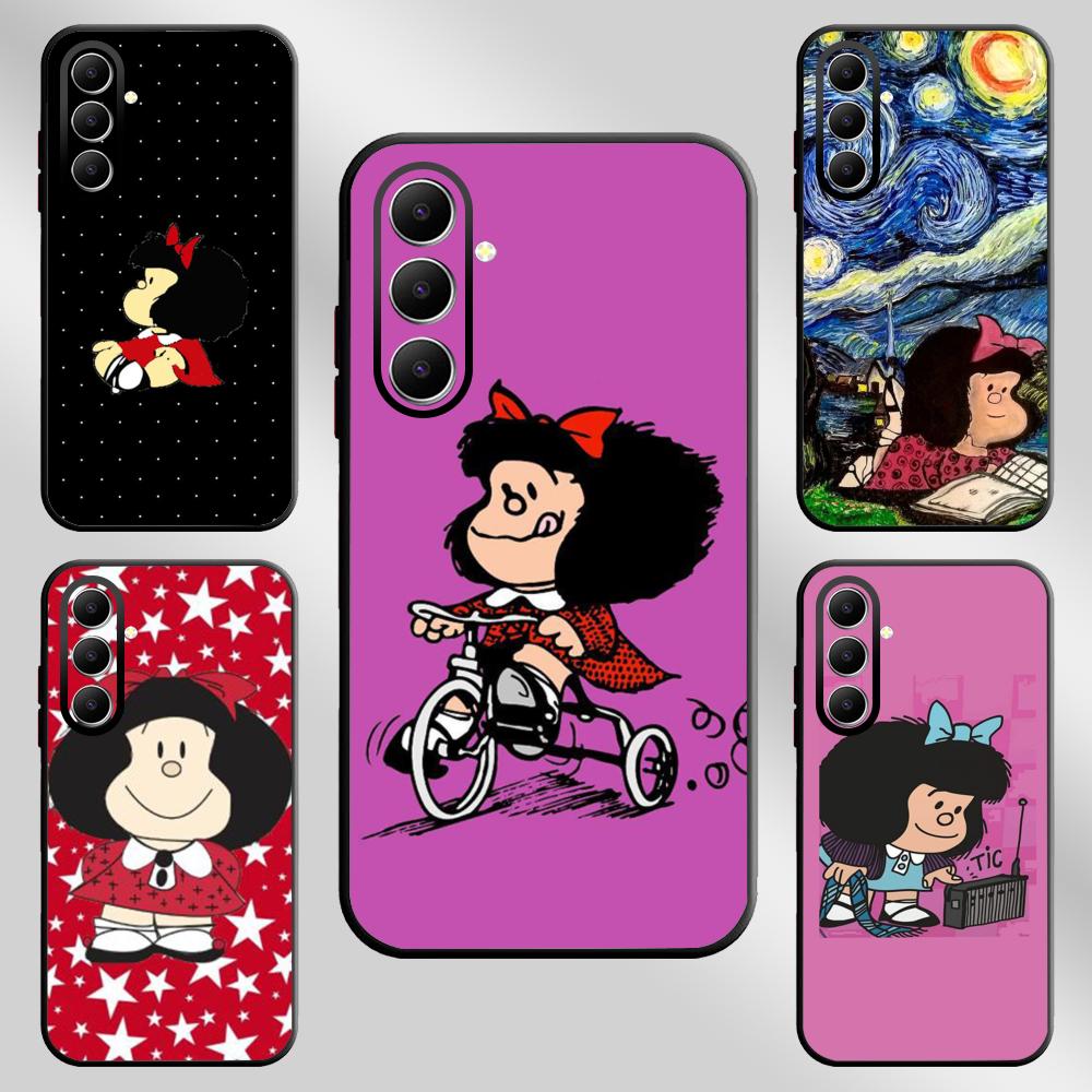 Cute Mafalda Girl Fashion Pattern Phone Case For Samsung Galaxy S25 S24 S23 S22 S21 S20 Plus Ultra Note20 Soft Black