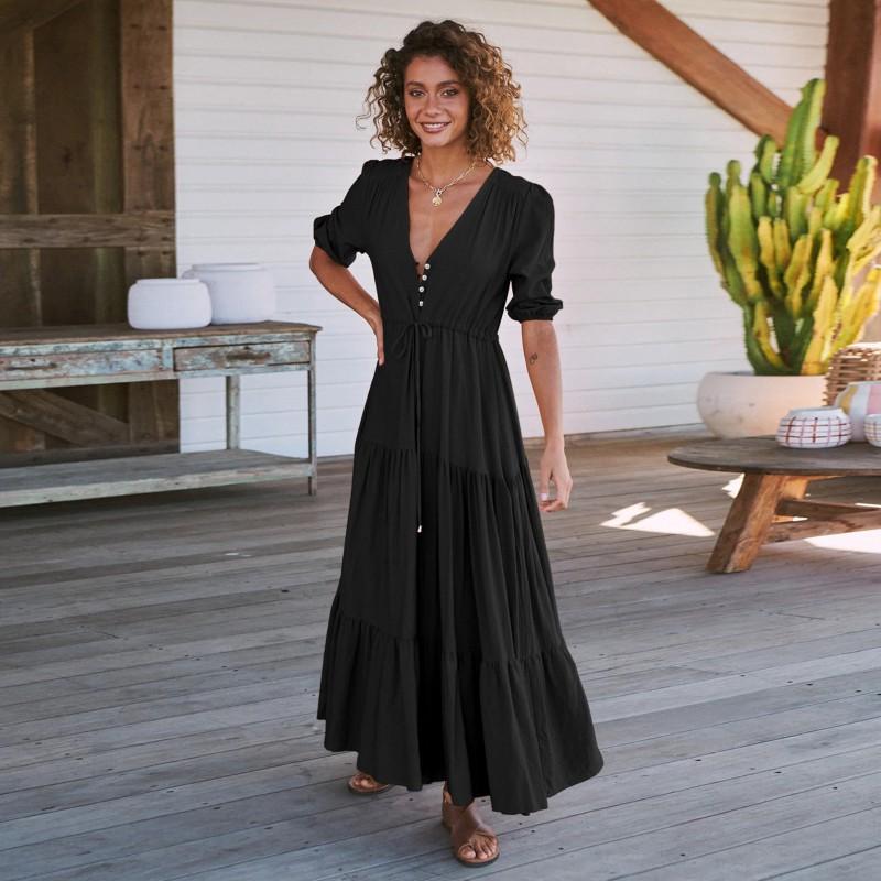 

European American Skirts High-end Women s Clothes V-neck Buttons Laced Long Temperament French Dress M чёрный