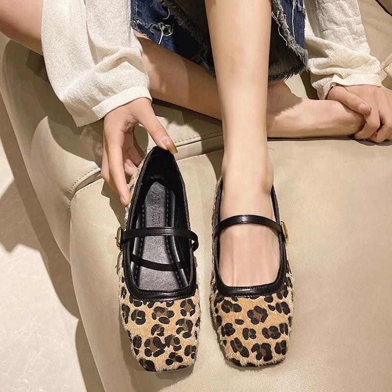 Spring Autumn Women Leopard Shoes Fashion Shallow Buckle Ladies Flats Shoes Square Toe Women's Mary Jane Shoes