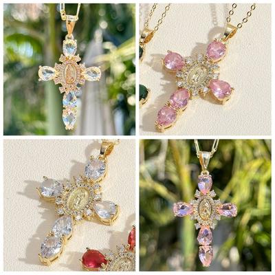 Valentine's Day Gift Zircon Cross Pendant Gold Color Chain Choker New O Chain Necklace