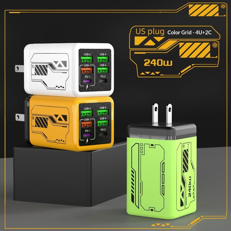1Pcs 240W Fast Charging Wall Charger 4 Usb 2 Pd Ports Eu Us Plugs For Home Office Gaming Device Charging