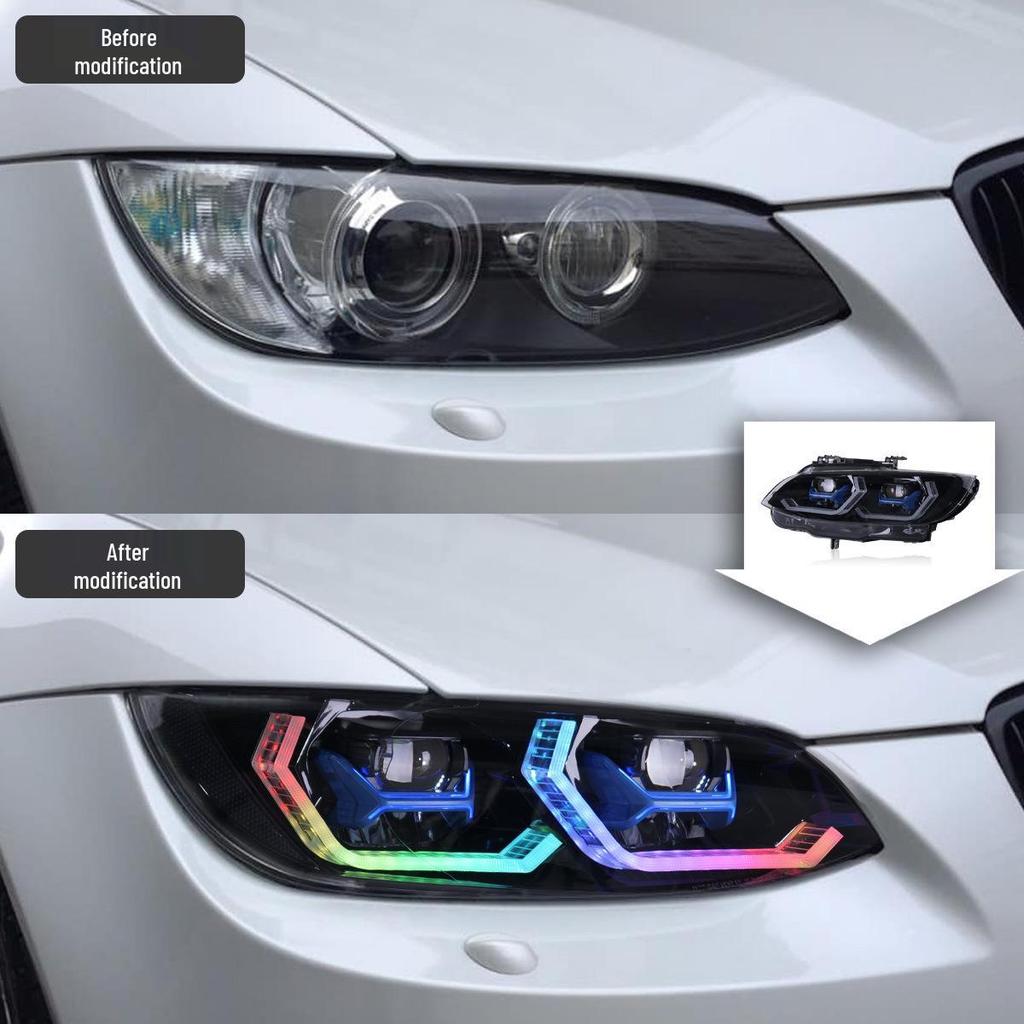 BMW 3 Series E92 E93 M3 RGB Headlight Assembly with Colorful Daytime Running Lights and Turn Signals (2005-2010).