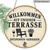 2D Flat, 1pc Aluminum Metal Sign, Welcome Patio German Quote Wall Decor for Porch or Terrace - Perfect Gift Idea In Retro Outdoor Style with Garden