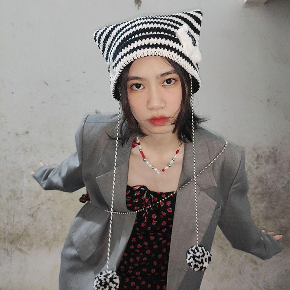 Y2K Pullover Hat Striped Cat Ear Hat Creative Star Knitted Beanie Hat  Winter