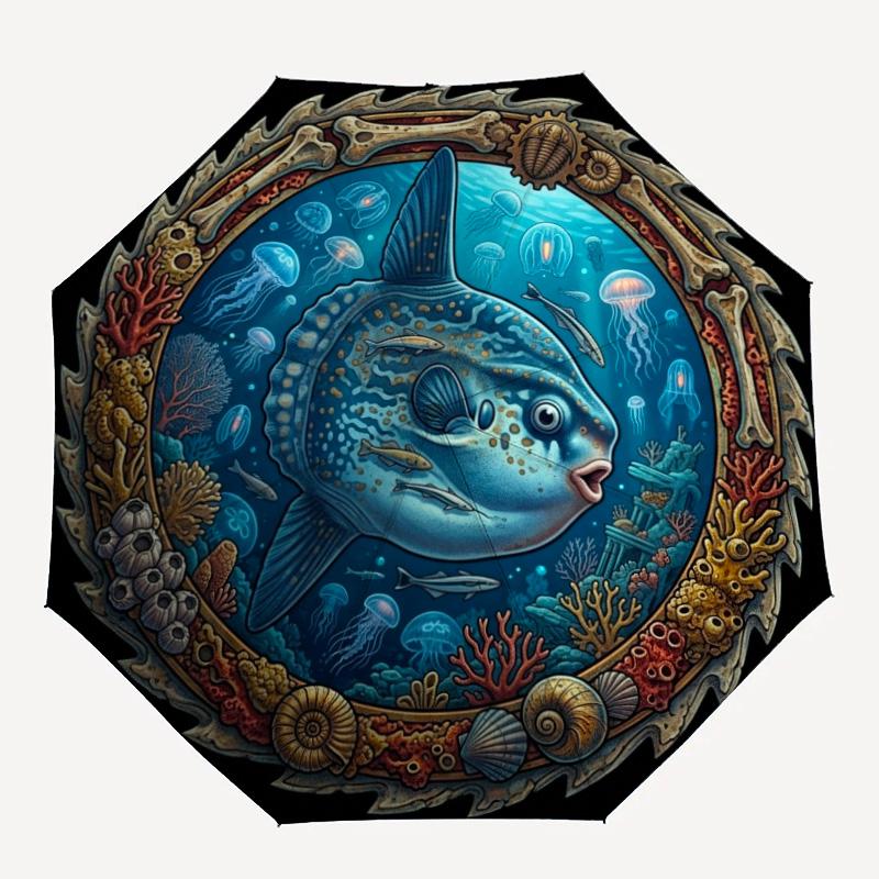 Oceanic Marine Life Emblem Pattern Umbrella, Portable and Foldable Design, 8 Ribs, a Casual Accessory for Halloween, Christmas, and Birthday Gifts.