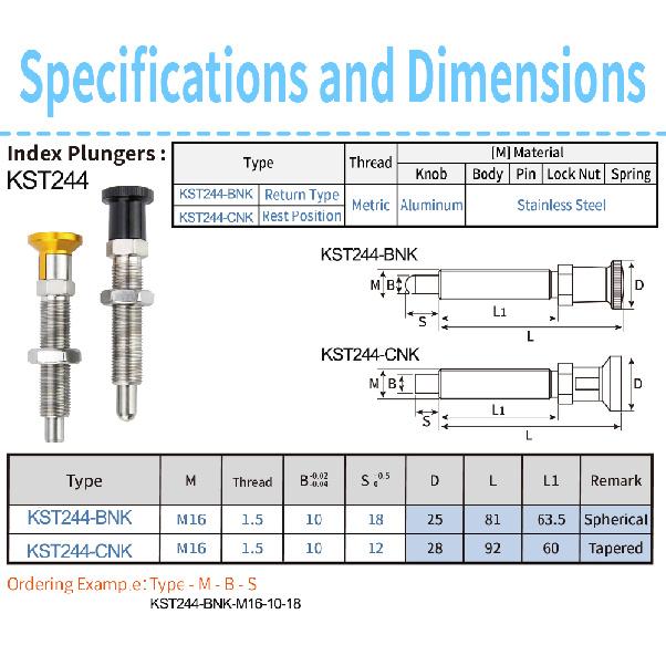 Black/Gold Aluminum Knob M16 Locating Pins Return Type/Self-Locking Stainless Steel Long Threaded Indexing Plungers With Nut