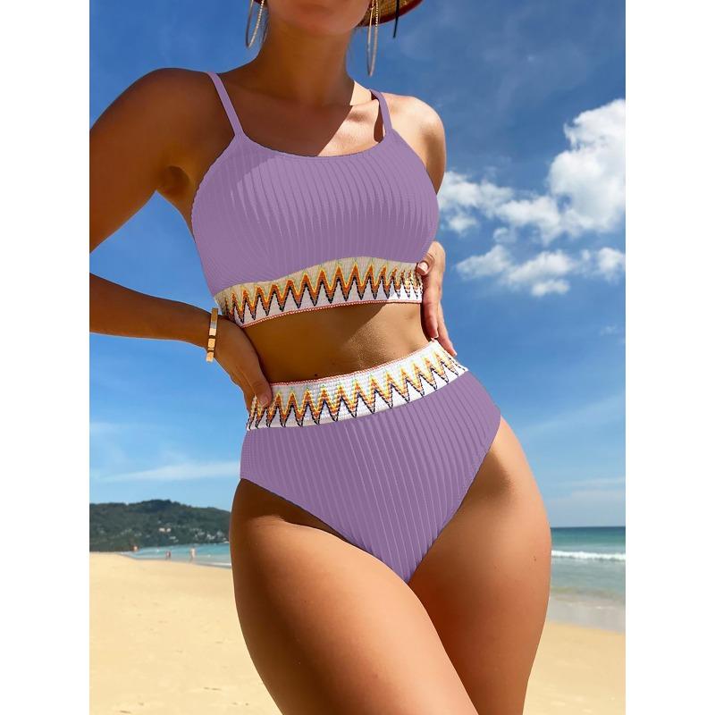 Set Bikini Coste Giallo Senape a Vita Alta Due Pezzi con Bordino Geometrico a Zigzag