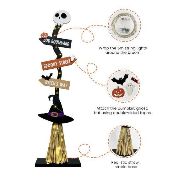 Halloween Wood Witch Broom Porch Sign Spooky Halloween Witch Broomstick for Indoor Outdoor Porch Yard Home Decor
