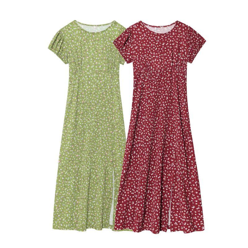 Kaslead New Women clothes Western Style Fashion Simple Vacation Side Slit Bubble Short sleeve Straight Dress