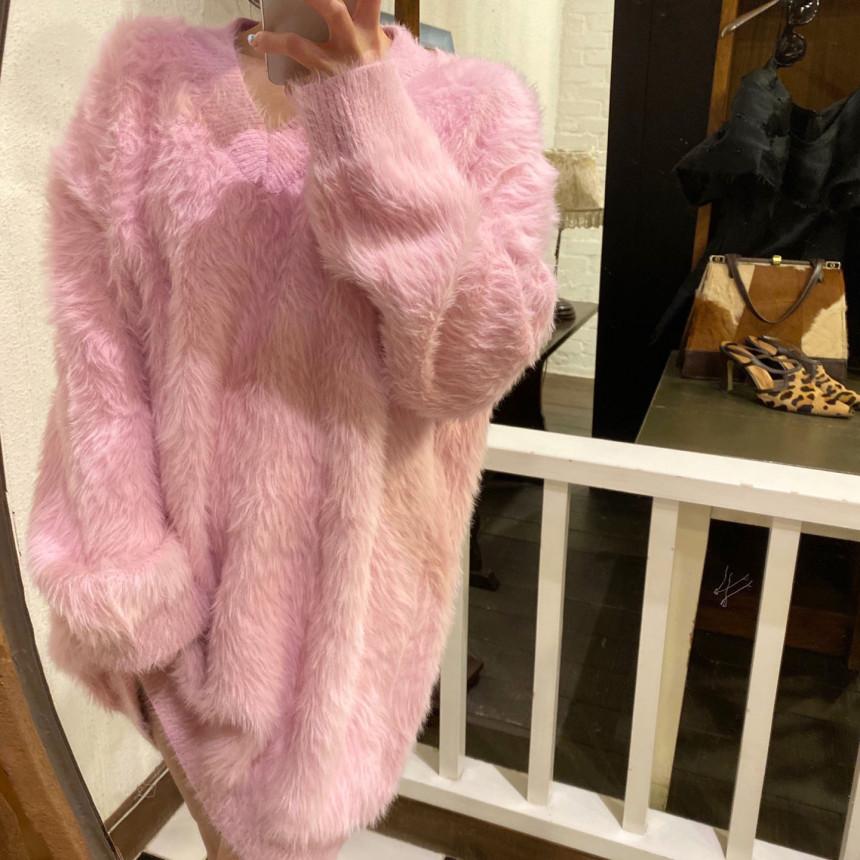 

Повседневные женские утепленные вязаные свитера с v-образным вырезом, осенне-зимние норковые кашемировые мягкие женские свободные длинные пуловеры из мохера One Size розовый