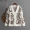 Women Letter Print Cardigan Knit Button Down Long Sleeve Open Front Sweater New Fall Winter Fashion