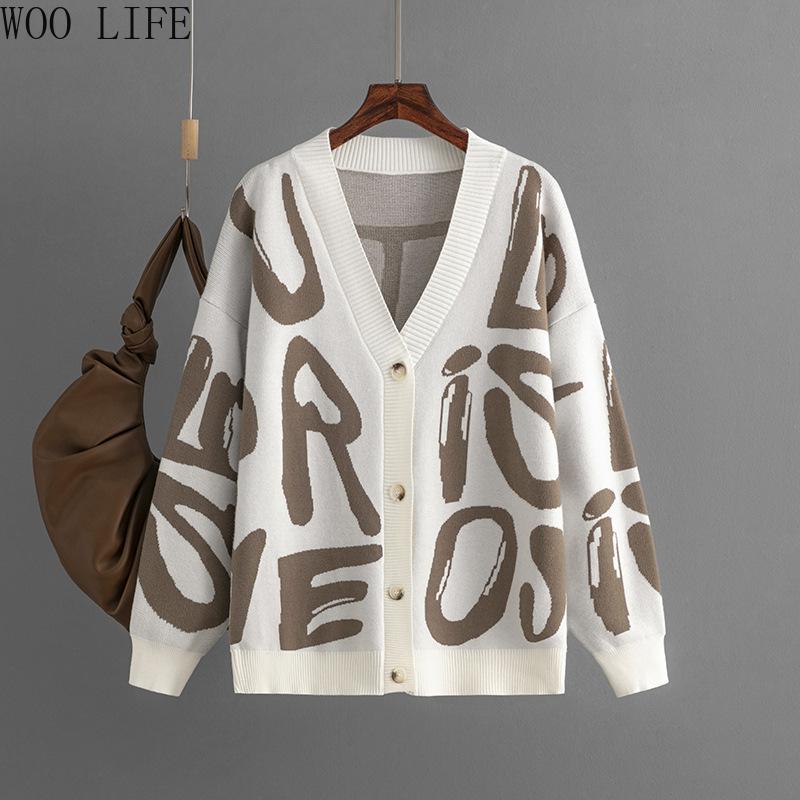 Women Letter Print Cardigan Knit Button Down Long Sleeve Open Front Sweater New Fall Winter Fashion