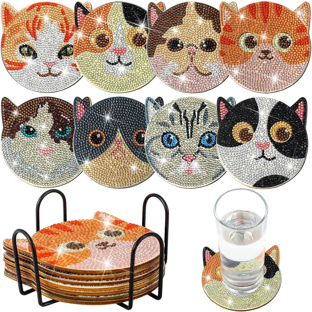

8 PCS Diamond Art Coasters Kit For Beginners, 5D Cat Art Coasters With Holder For Tabletop Protection, DIY Art Craft Supplies Gifts As shown