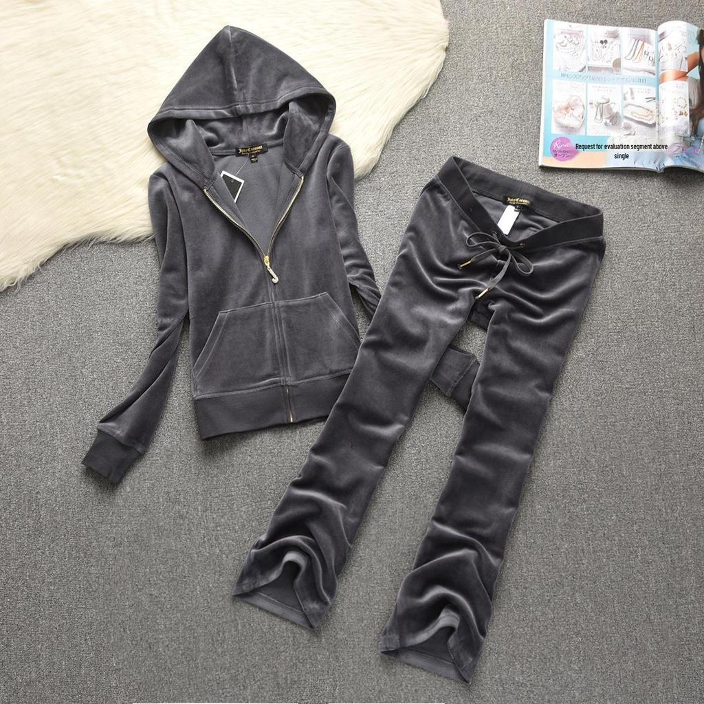 Women's Trendy Embroidered Velvet Hoodie & Wide-Leg Pants Set for Work, Casual, or Athletics