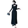 Elegant Black Plus Size Long Sleeve Hollow Dress with French Collar