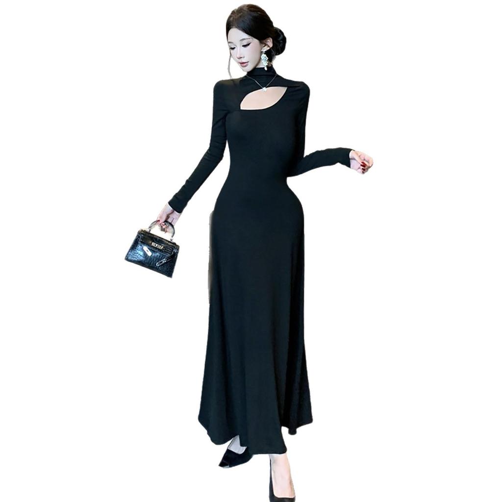 Elegant Black Plus Size Long Sleeve Hollow Dress with French Collar