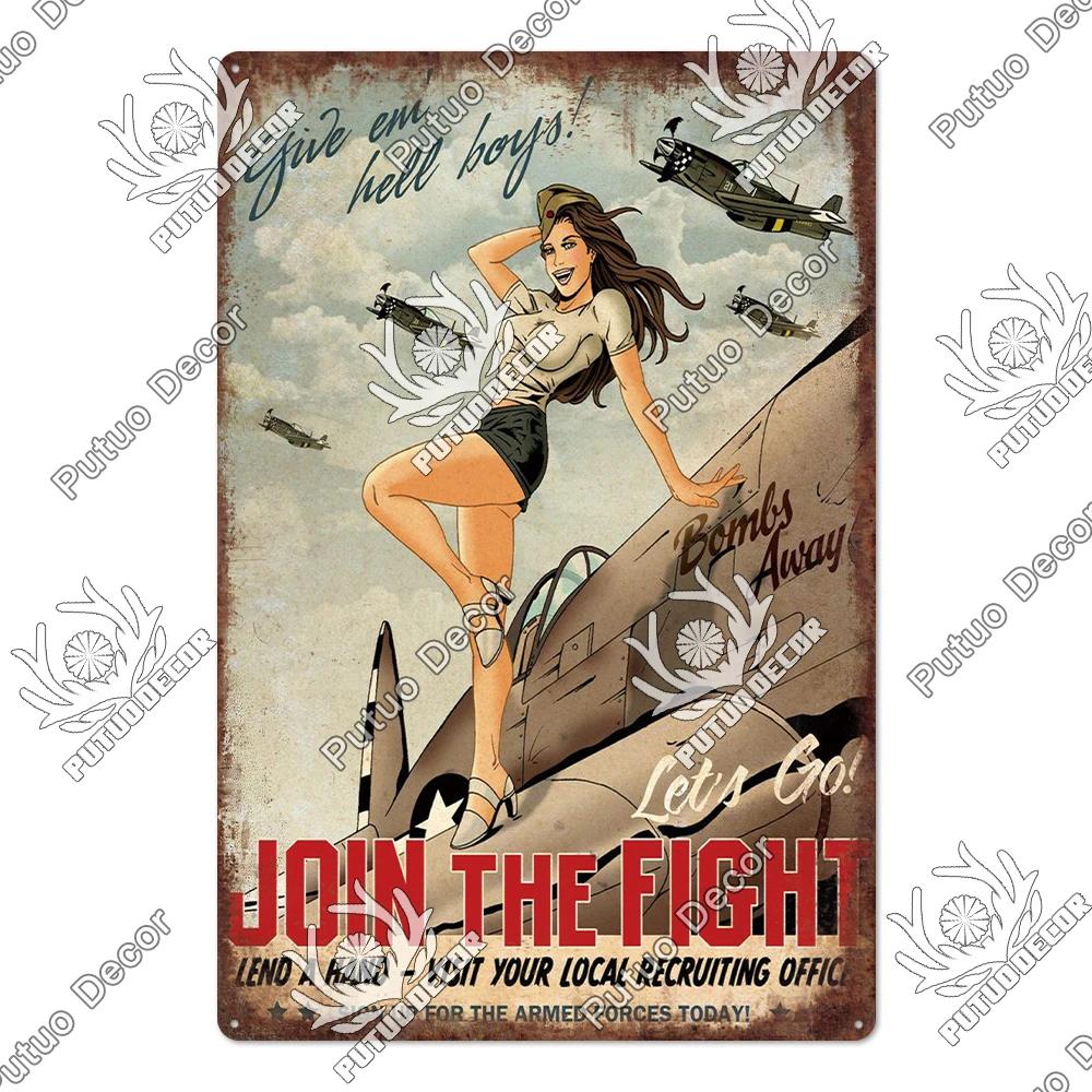 Putuo Decor Fighter Plane Vintage Tin Sign Plaque Metal Plate Retro Posters Wall Art Decoration for Garage Man Cave Pub Bar Club