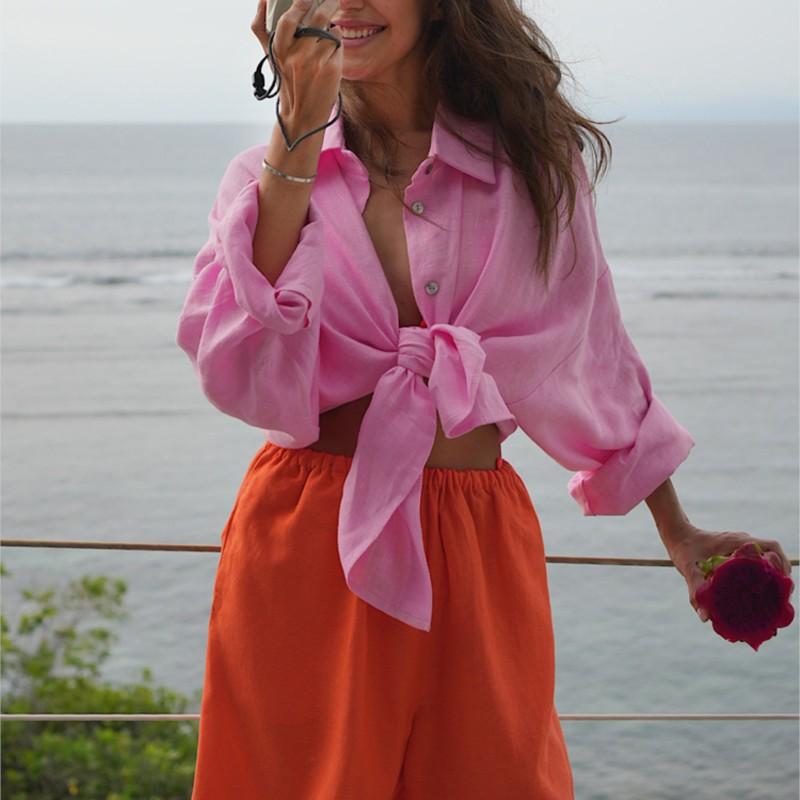 

Женская льняная белая рубашка с длинным рукавом, элегантная, розовая, свободная, модная блузка, летний винтажный базовый топ, рубашка с воротником для женщин S розовый