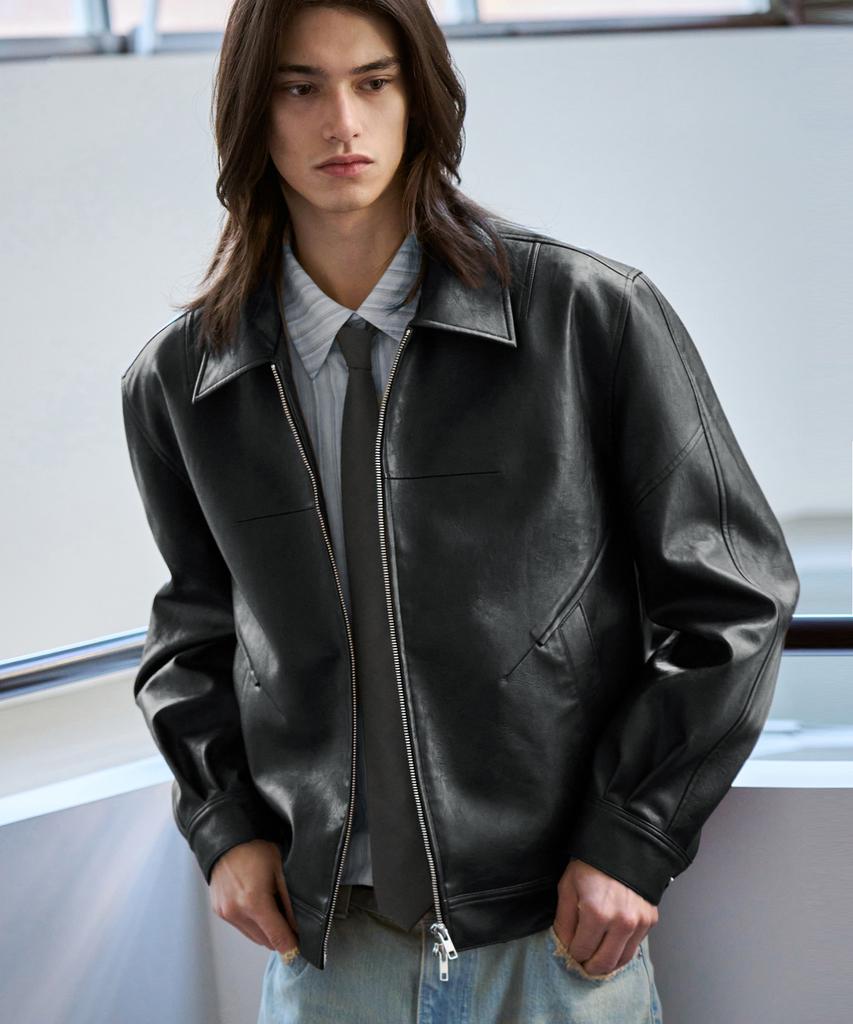 Draw Fit Incision Leather Blouson Jacket [Black]