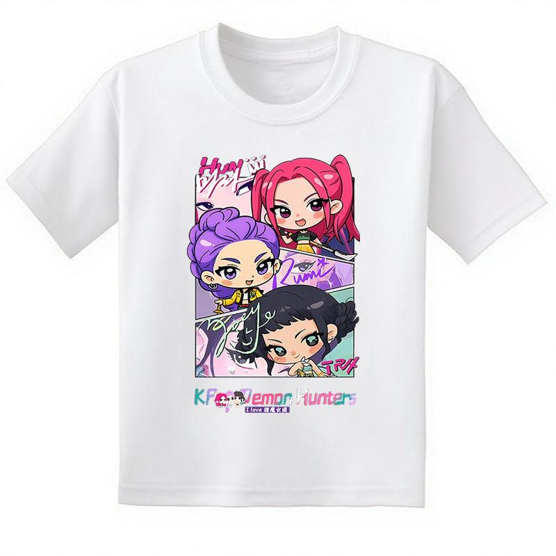 New Crew Neck Cartoon Girls Boys Tee Kids Rumi T-shirt KPop Demon Hunters Print Baby Girl Clothes Fashion Casual Tops Casual