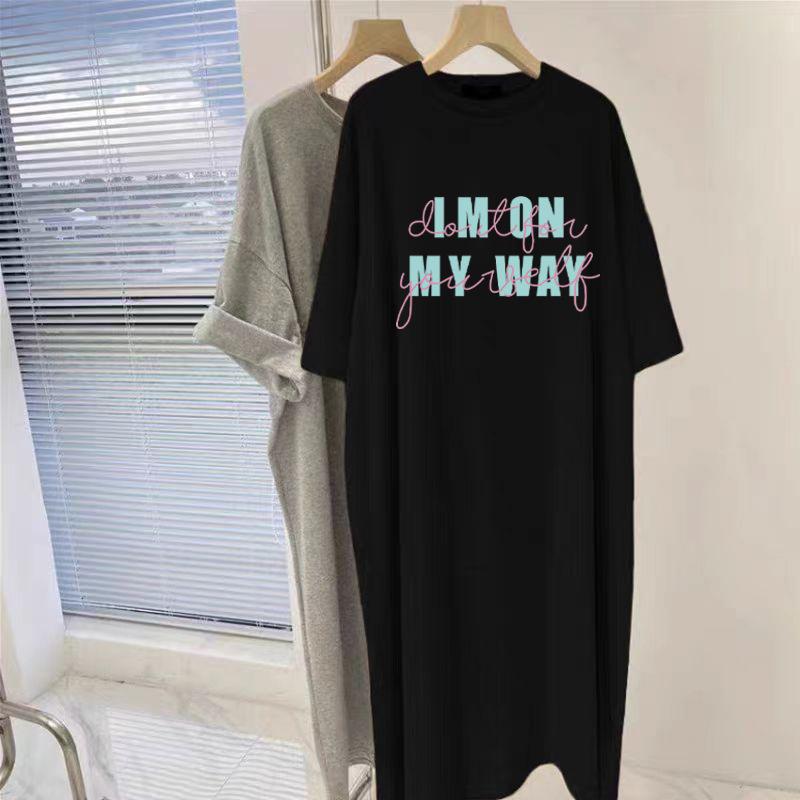 Medium and Long Knee-length Pure Cotton Gray Short-sleeved Dress Women's Summer New Foreign Style Loose Split-ended T-shirt Skirt