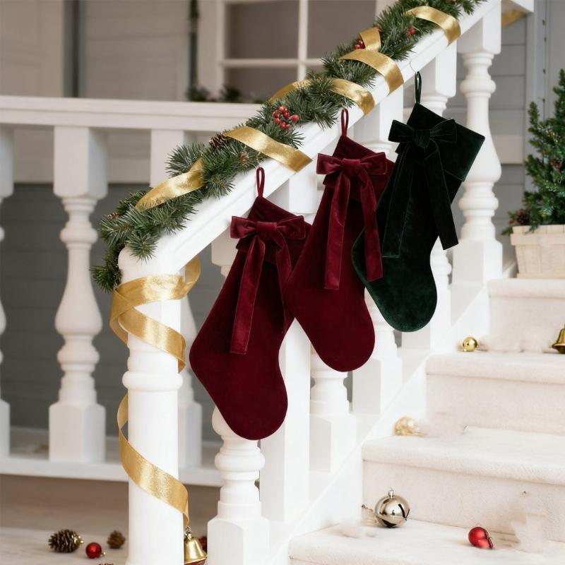 20 Inch  Christmas Stocking with Large Decorative Bow Luxury  Stocking for Firepitscreen Mantel, Elegant Holiday Decor