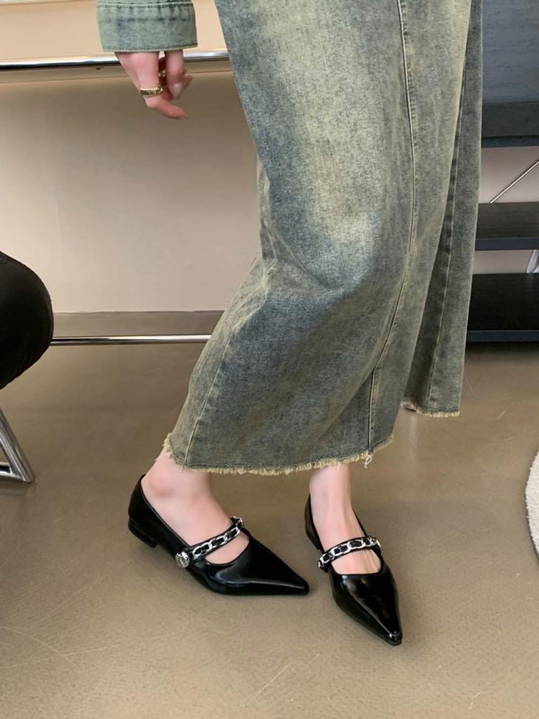 fashion Pointed Toe Women Mules Ballet Dance Loafers 2024 New Arrivals Black Brown Silver Metal Chain Casual Sandals Belt Buckle 35-39
