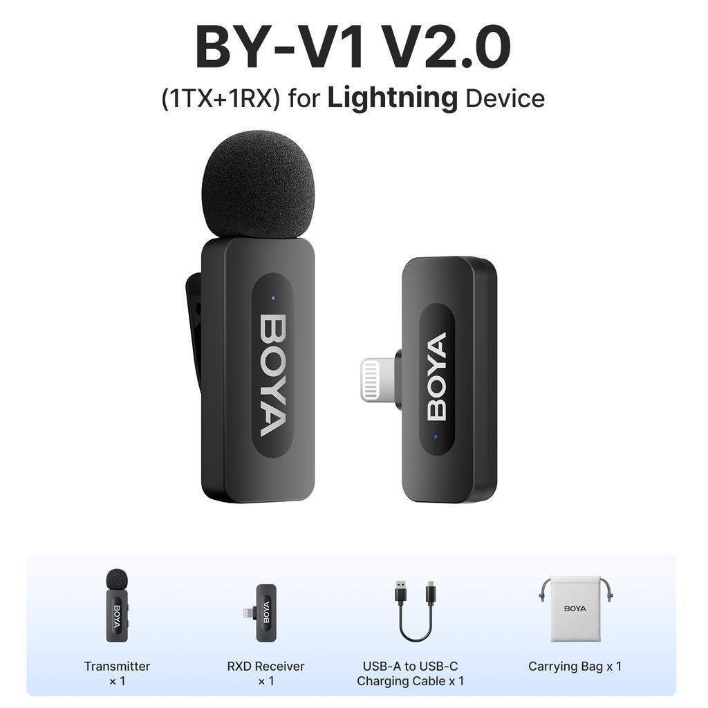 Microfono lavalier wireless BOYA BY-V3 con clip, microfono ricaricabile con cancellazione del rumore per iPhone, Android, fotocamera, live streaming, vlogging