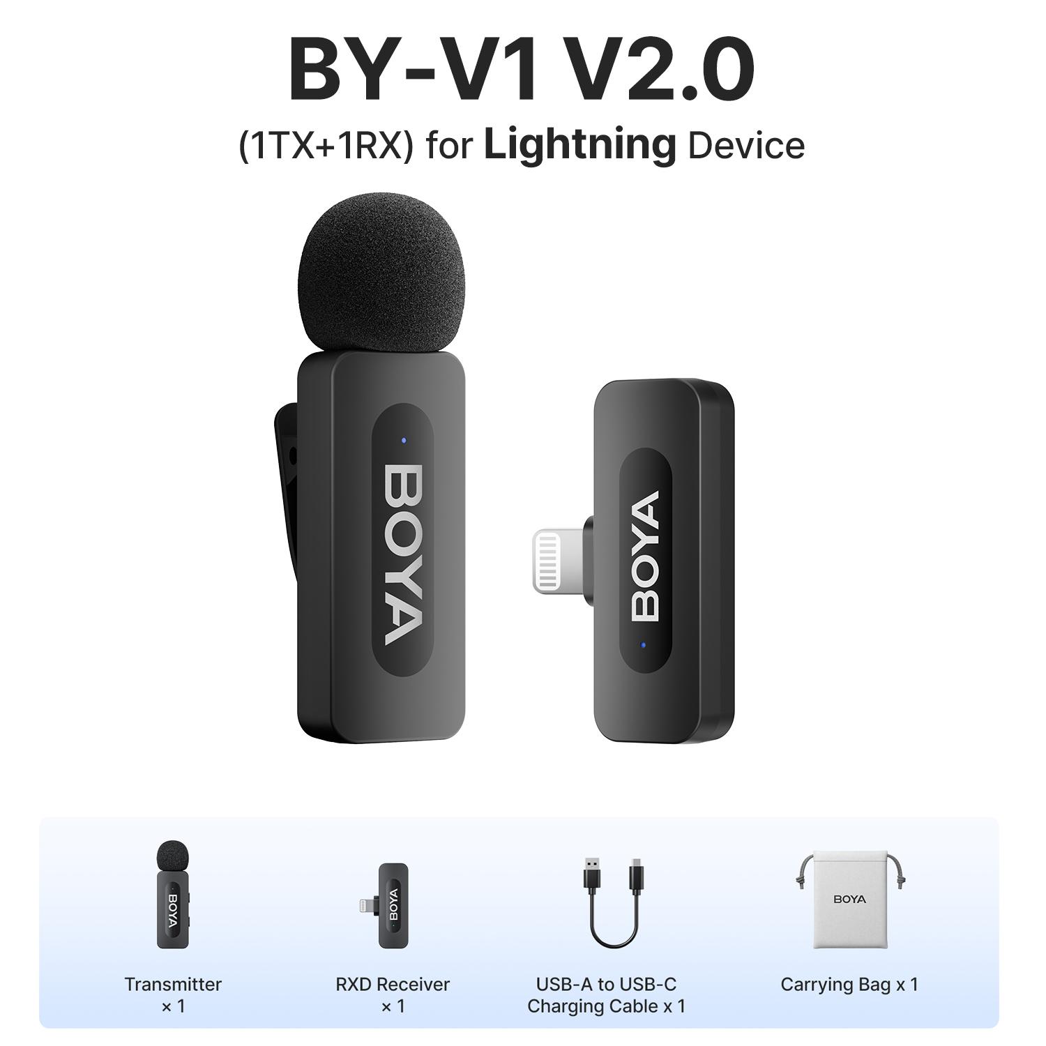 BOYA BY-V3 Wireless Lavalier Lapel Mirophone Noise-cancelling Rechargeable Mic for iPhone Android Camera Live Streaming Vlogging BY-V1 2.0--Lightning