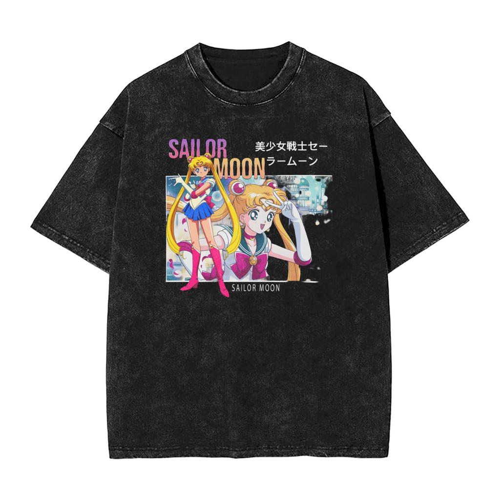 Sailor Moon Anime Printed Tshirt Mens and Womens Washed Tshirt High Quality Vintage Cotton Tshirt Harajuku YK Tops