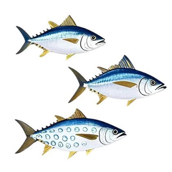 

3 шт. Деревянное настенное искусство в виде тунца, Настенный подвесной декор с морскими рыбами, Настенная скульптура в морском прибрежном стиле для дома, домика у озера, комнаты синий