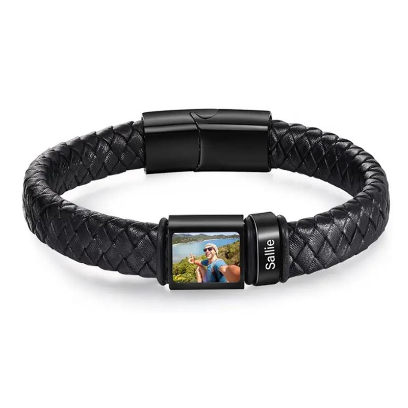 Personalizovaný náramek s fotografií pro muže, náramek s vlastním obrázkem, kožený gravírovaný náramek, šperk jako dárek pro muže, chlapce, manžela