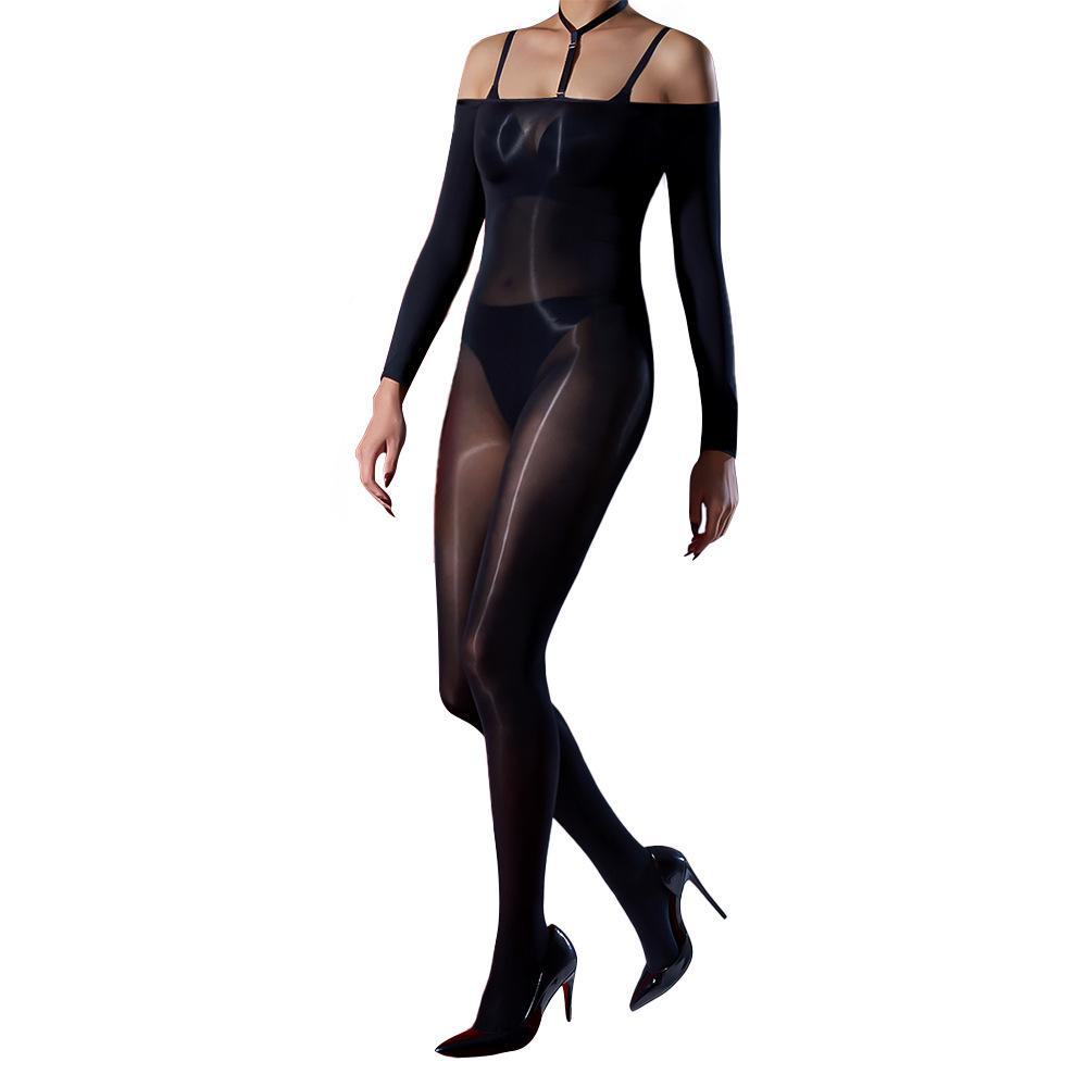 Little Matchmaker One-Shoulder Shiny Full Bodysuit with Ultra-Thin Anti-Snag Silk Horse Oil Socks