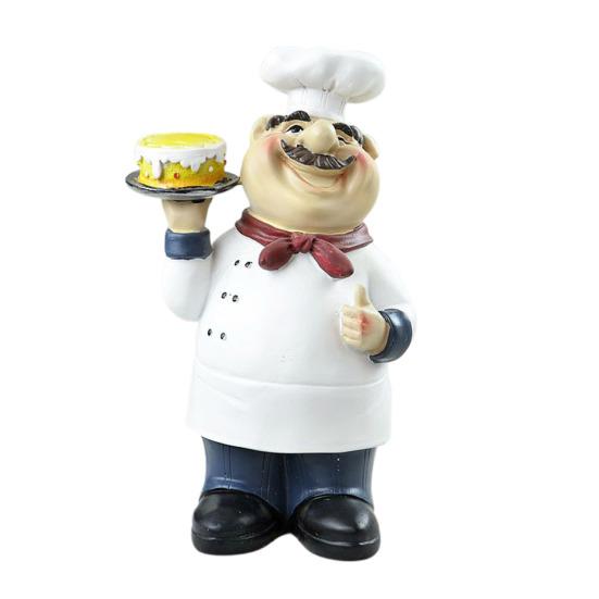 Yousheng Cartoon Chef Figurine Hand-Painted Holding Fruit Plate Cake Noodles Spoon Chef Statue Sculpture Home Kitchen Dining Room Decoration Ornament