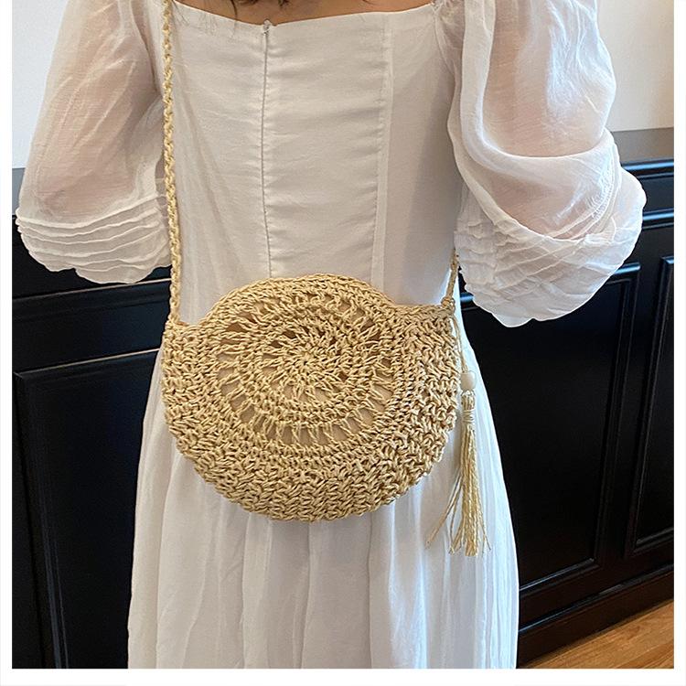 Woven Small Bag Women's New Summer Fringed Straw Woven Bag Vacation Beach Shoulder Messenger Small Round Bag