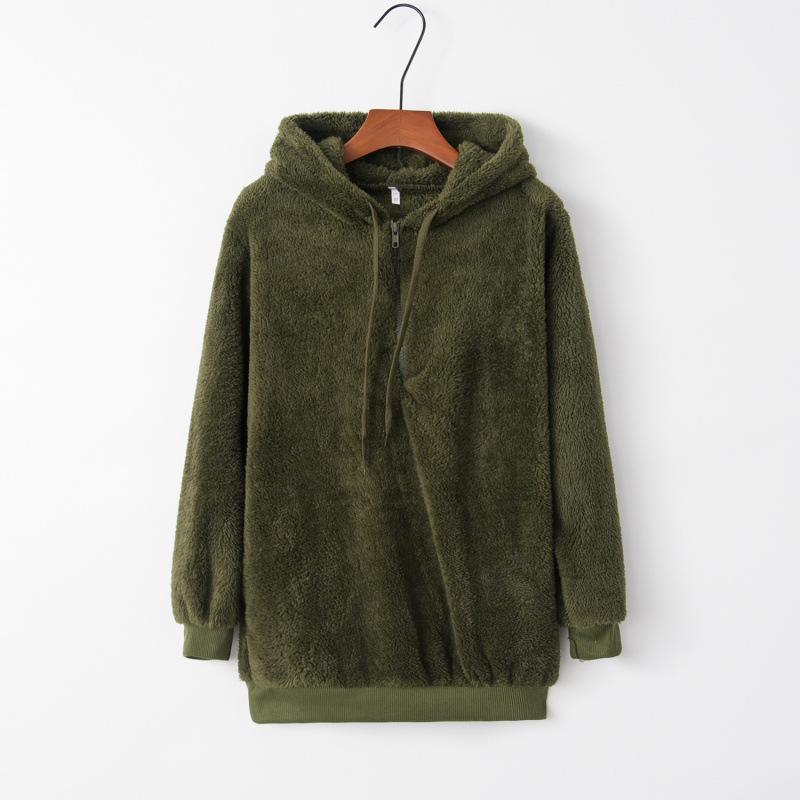 Long Sleeve Hooded Solid Color, Women s Sweater Fleece Jacket S армия зеленый
