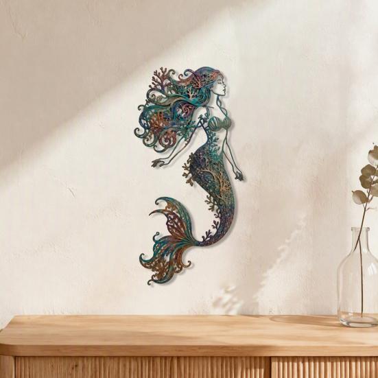 Rustic Metal Art for Patios Mermaid Wall Decoration, Three-dimensional Hollow Iron Artistic Crafts Sculpture, Retro Ocean Style Hanging Figures