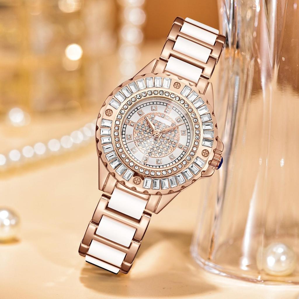 Women Minimalist Imitation Ceramic Quartz Watch Rhinestone Dial Wristwatch