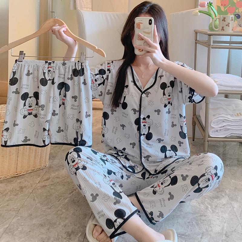 Short-Sleeved Pajamas Three-Piece Korean Version Of Sweet And Cute Cardigan Women'S Loungewear