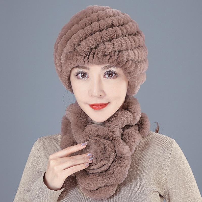 Middle-aged Rex rabbit hair hat female autumn and winter warm elderly grandmother ear protection fur mother wool scarf
