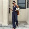 Women Navy Blue Striped Halter Backless Casual Commuter Cropped Jumpsuit