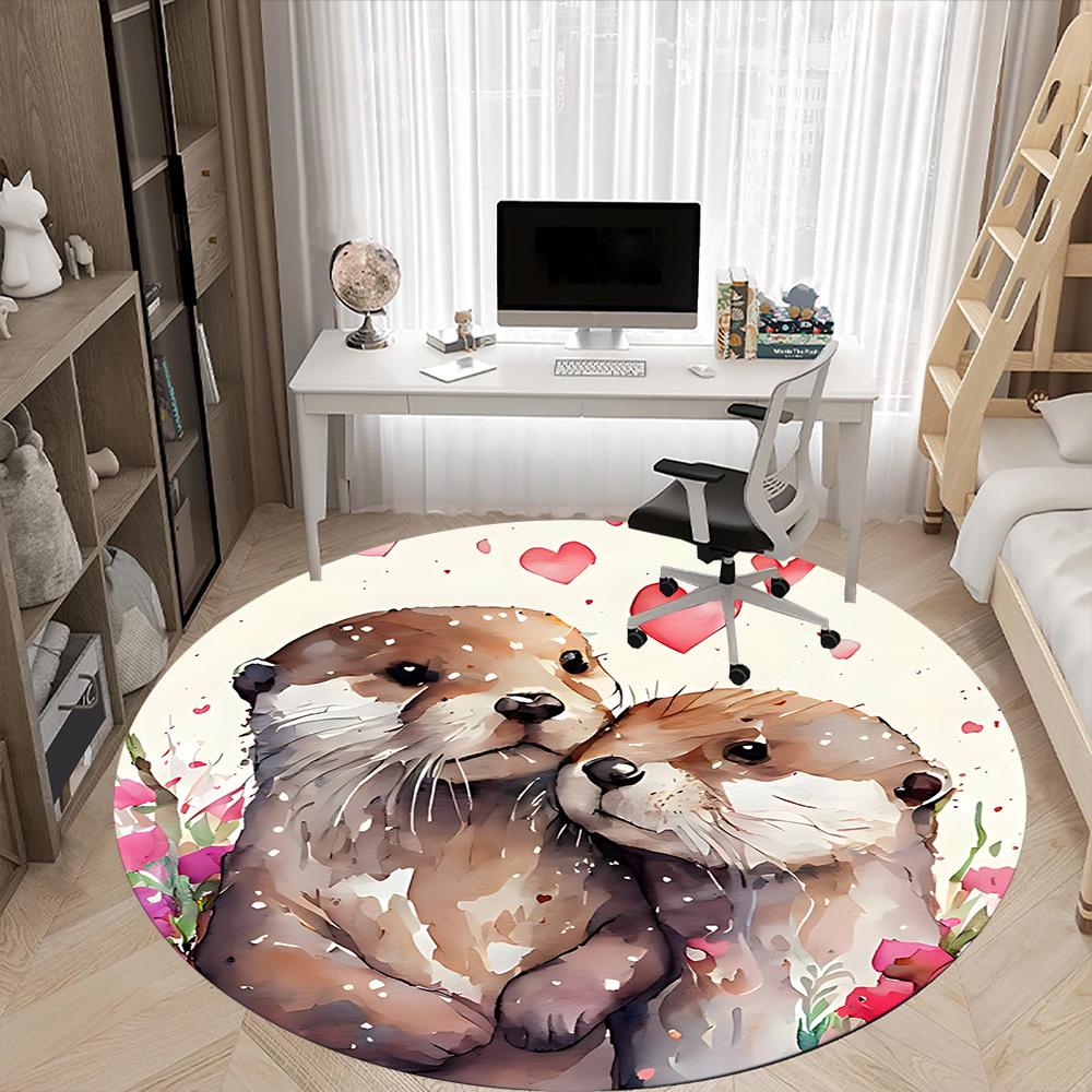 1pc Otters Love Office Round Area Rug, Mat Suitable ForOffice, Under Office Chairs Bedroom Living Room Home Decor, Room Deco
