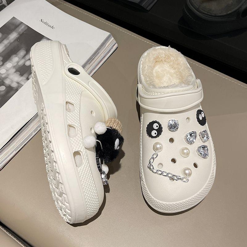 Cotton Drag Hole Shoes Women's Autumn and Winter New Cute Little Briquettes Outer Wear Thick Sole Warm Velvet DIY Winter