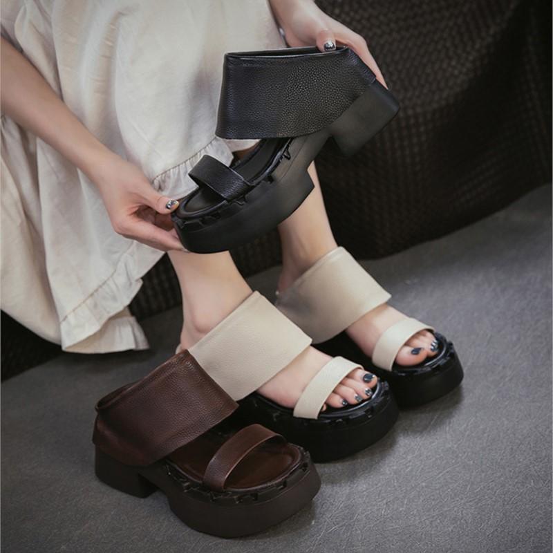 Genuine Leather Retro Thick Soled Peep Toe Sandals Versatile Coarse Heel Women's Slip-on Shoes