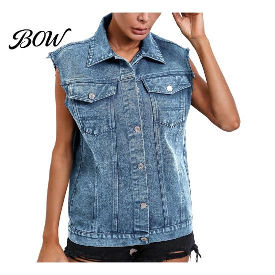 Soft Demin Vest Women Sleeveless for Summer, Button Down Casual Jean Jacket, Frayed Lapel Waistcoat Top with Pockets