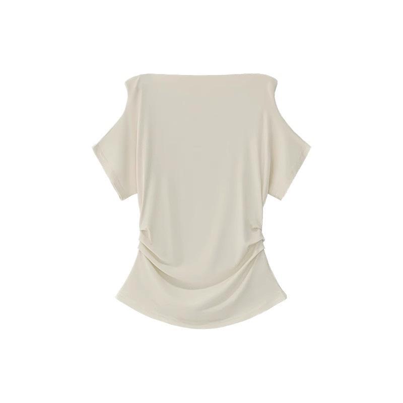 Women's French White Off-the-Shoulder Short-Sleeve T-Shirt - Unique Summer Style.