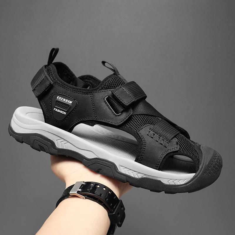 Summer Anti-collision Toe Men Sandals Outdoor Walking Summer Shoes Casual Leather Hiking Man Wading Shoes Hollow Out Beach Flats