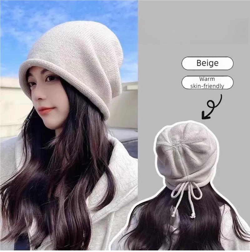 Women Knitted Baggy Beanie Hat Drawstring Slouchy Wool Pullover Cap Outdoor Windproof Skullies Beanies Bonnet Caps Solid color