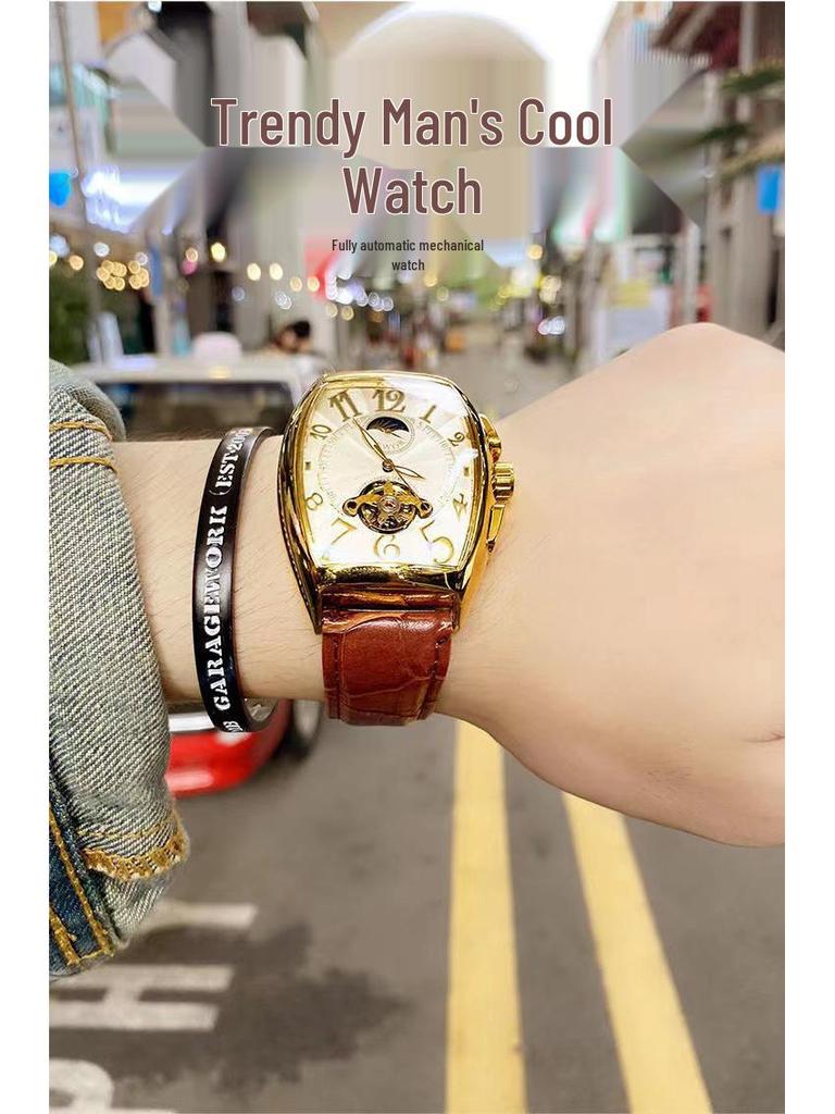 Men's Waterproof Barrel-Shaped Mechanical Leather Watch - Unique Design for Stylish Men